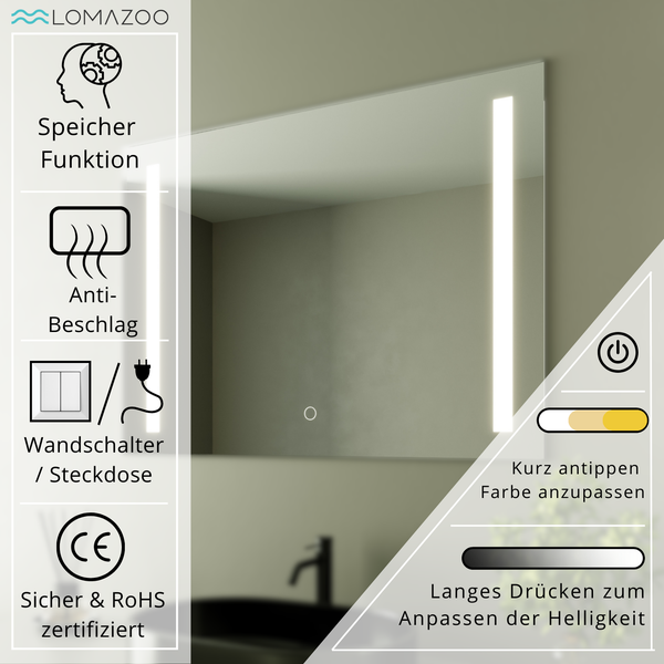 Lomazoo Badezimmerspiegel mit LED Beleuchtung, Speicherfunktion, Antibeschlag, Wandschalter und Steckdosenanschluss, dimmbar mit Farbanpassung.
