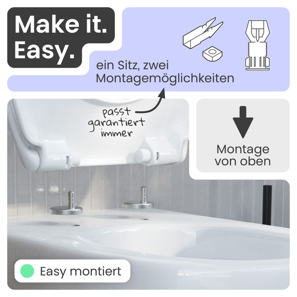 Toilettensitz mit zwei Montagemöglichkeiten: von oben und von unten