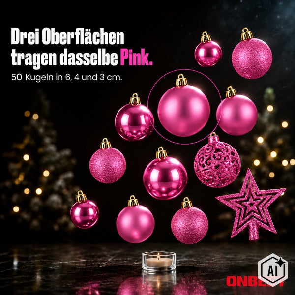 Set mit 50 pinken Weihnachtsbaumkugeln in drei Oberflächenstrukturen und Größen von 6, 4 und 3 Zentimetern inklusive Weihnachtsstern