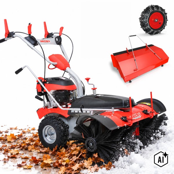 Hecht Kehrmaschine mit Benzinmotor, Schneeschild und Schneeketten, geeignet für die Reinigung von Laub und Schnee.