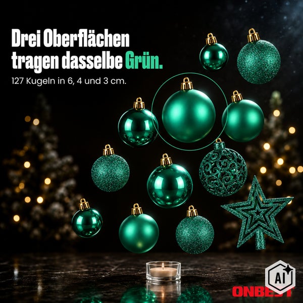 Set mit 127 Weihnachtskugeln in verschiedenen Oberflächen und Größen von 3 bis 6 Zentimetern für die Weihnachtsdekoration.