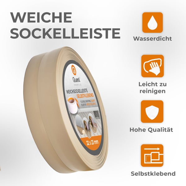 Quest Weichsockelleiste Selbstklebend 32 x 23 mm, PVC Sockelleiste, Flexibel, Beige, 5 Meter