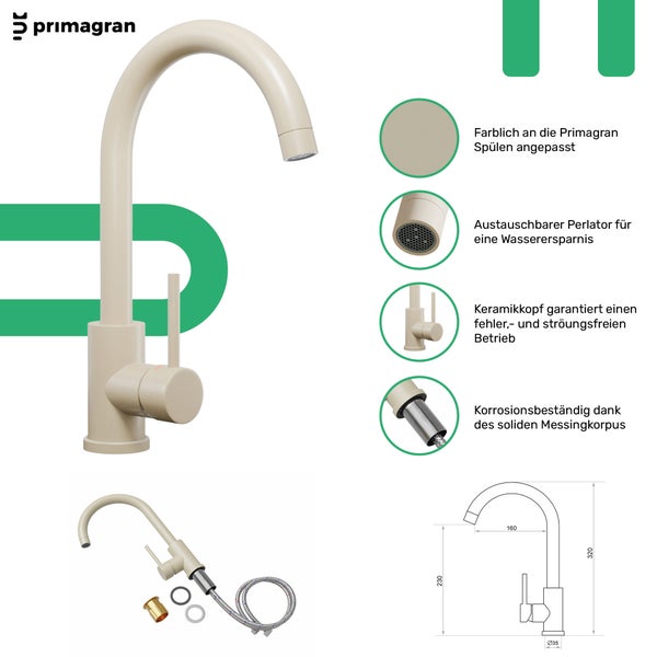Primagran Küchenarmatur mit schwenkbarem Auslauf und Messingkorpus