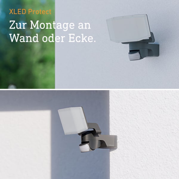 LED-Strahler XLED Protect zur Montage an einer Wand oder an einer Hausecke.