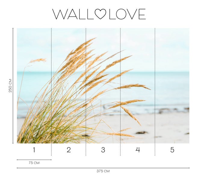 Walllove Fototapete mit Gräsern vor Strand und Meer, Abmessungen 375 x 250 cm