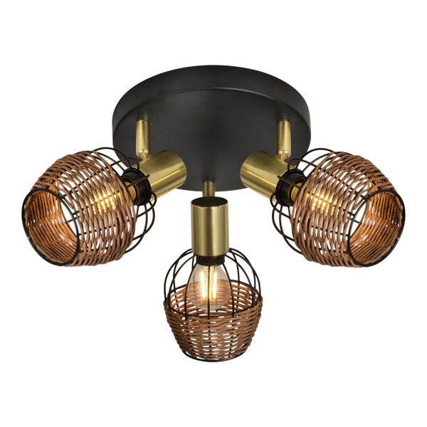 3er Deckenrondell CORBIS, Spot aus Metall in Schwarz, mit Gold und Rattan, mit E14-Fassung, für Esszimmer, Wohnzimmer, Diele oder Büro, Beleuchtung für Wohnzimmer, Esszimmer oder Büro, 38 cm Durchmesser