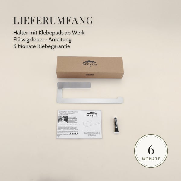 Lieferumfang eines Dekazia Küchenrollenhalters aus Edelstahl inklusive Klebepads, Flüssigkleber, Anleitung und sechs Monaten Klebegarantie.