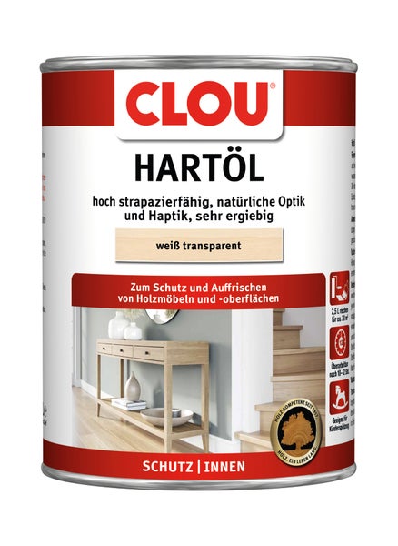 Clou Hartöl in weiß transparent für den Innenbereich zum Schutz und zur Auffrischung von Holzmöbeln und Holzoberflächen.