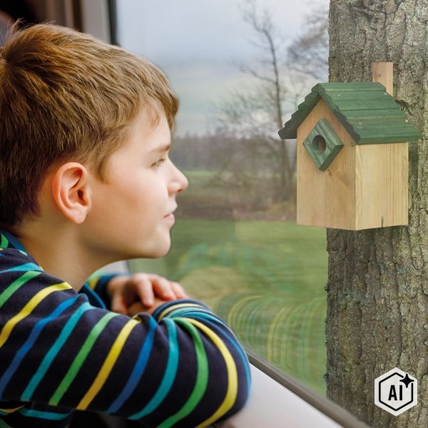 Ein Junge beobachtet durch ein Fenster ein hölzernes Vogelhaus, das an einem Baumstamm befestigt ist.