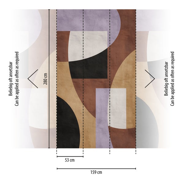 Fototapete mit geometrischem Muster, Maße 159 mal 280 Zentimeter, drei Bahnen à 53 Zentimeter Breite. Beliebig oft ansetzbar.