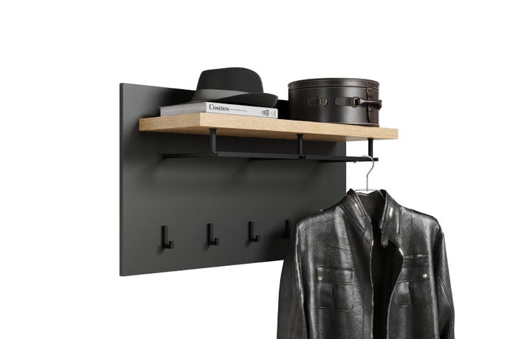 Synnax Wandgarderobe 1 Ablage, Kleiderstange, 5 Kleiderhaken grau,Eiche dekor. 90 X 27 X 50 cm