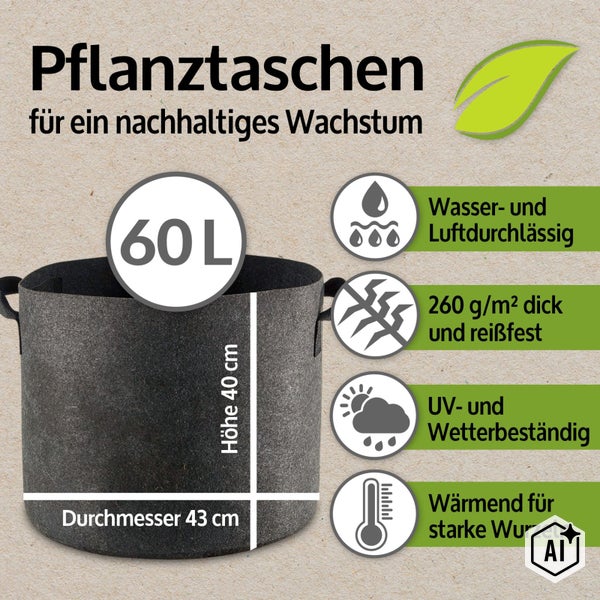 Pflanztasche mit 60 Liter Volumen, 40 Zentimeter Höhe und 43 Zentimeter Durchmesser aus wasserdurchlässigem, reißfestem Material für Gartenpflanzen