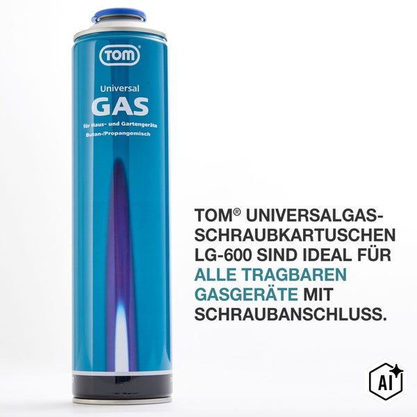 TOM Universalgas Schraubkartusche LG-600 mit Butan und Propangemisch für tragbare Gasgeräte mit Schraubanschluss.