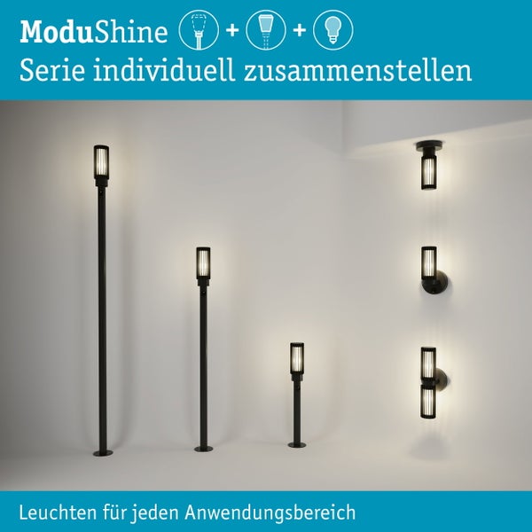 ModuShine Leuchtenserie mit verschiedenen Mastleuchten und Wandleuchten zur individuellen Kombination für den Außenbereich.
