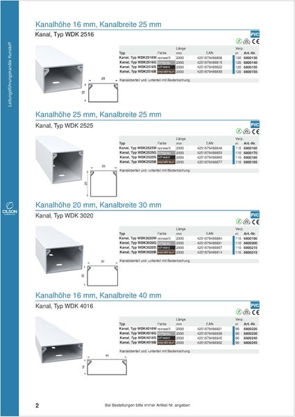 Übersicht verschiedener Kabelkanäle vom Typ WDK in unterschiedlichen Größen