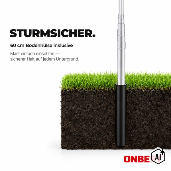 Teleskopmast mit 60 Zentimeter Bodenhülse für sicheren Halt im Erdreich. ONBEST Logo.