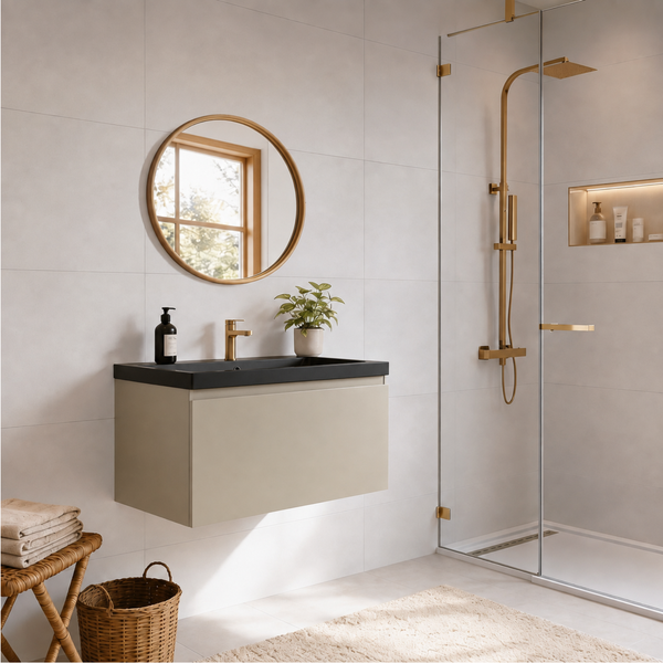 Modernes Badezimmer mit wandhängendem Waschtisch, schwarzem Waschbecken, goldener Armatur, rundem Spiegel und einer begehbaren Dusche.