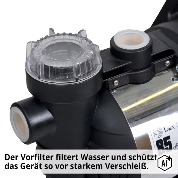 Detailansicht eines Gartenpumpen Vorfilters aus Kunststoff zur Reinigung von Wasser und zum Schutz vor Verschleiß.