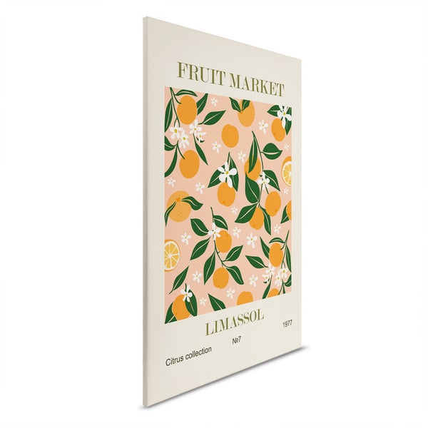 Dekorative Leinwand mit einem Muster aus Orangen, Blüten und dem Schriftzug Fruit Market