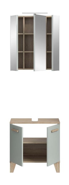 Badezimmer Set bestehend aus Spiegelschrank mit Ablagefächern und Waschbeckenunterschrank mit zwei Türen und Einlegeboden in Holzoptik