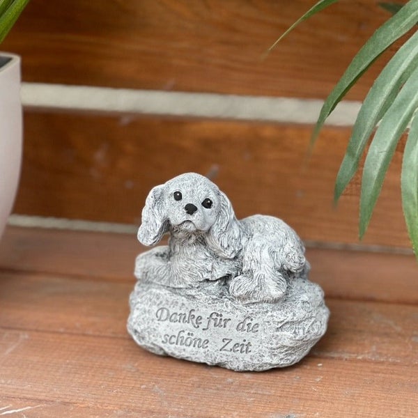 Grabschmuck Hund als Steinfigur mit Inschrift Danke für die schöne Zeit