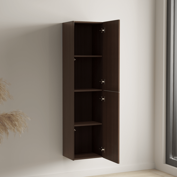 Badezimmer-Hochschrank wandhängend mit zwei Türen und vier Einlegeböden in dunkler Holzoptik.