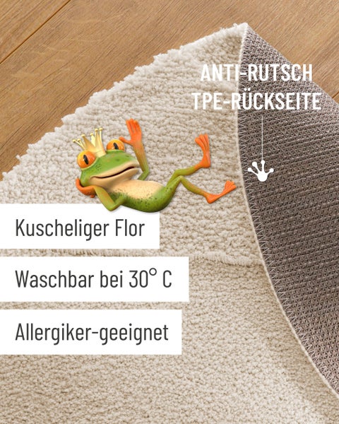 Badematte mit kuscheligem Flor und rutschfester TPE-Unterseite, waschbar bei 30 Grad Celsius und für Allergiker geeignet.