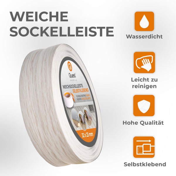 Quest Weichsockelleiste Selbstklebend 32 x 23 mm, PVC Sockelleiste, Flexibel, Birke, 5 Meter