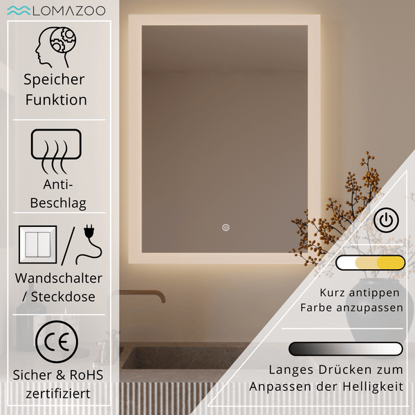 Lomazoo Badezimmerspiegel mit LED Beleuchtung, Speicherfunktion, Antibeschlag, Wandschalter oder Steckdosenanschluss und dimmbarer Helligkeit.