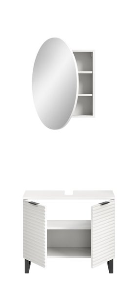 Badezimmermöbel-Set bestehend aus einem runden Spiegelschrank mit drei Fächern und einem Waschbeckenunterschrank mit geriffelten Türen.