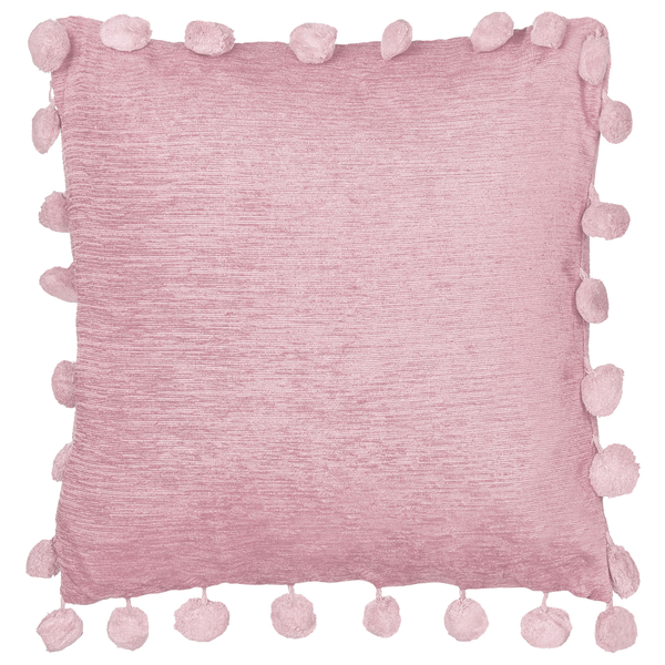 Quadratisches Dekokissen aus rosa Strukturstoff mit umlaufenden Bommeln.