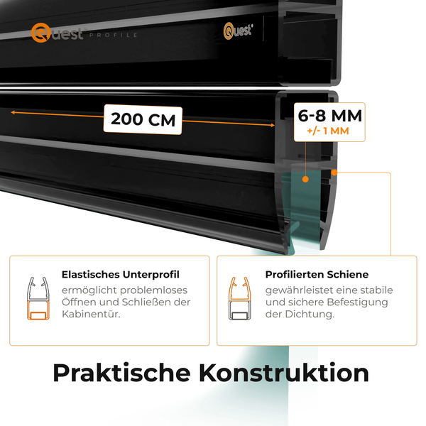 Quest Profile Duschdichtung, 200 Zentimeter Länge, für 6 bis 8 Millimeter Glasstärke, mit elastischem Unterprofil und profilierter Schiene.