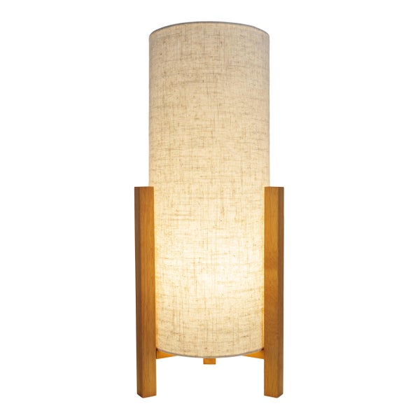 Tischleuchte mit Stoffschirm und Holzfuß