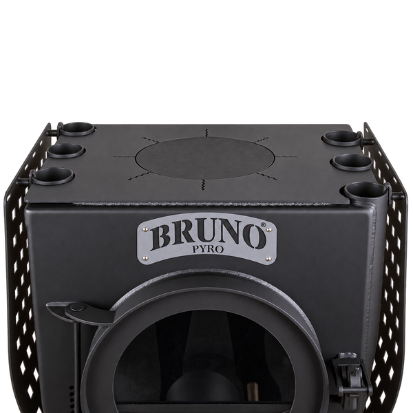 Bruno Pyro Kaminofen Oberseite mit Kochplatte und Logo Schild