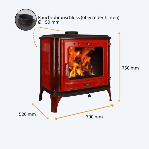 Kaminofen mit Sichtfenster und Rauchrohranschluss mit 150 Millimeter Durchmesser, Maße 700 mal 520 mal 750 Millimeter.