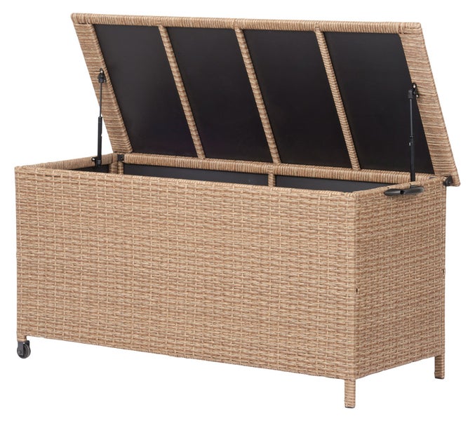 Detailansicht einer Gartenbox mit offenem Deckel und Griff