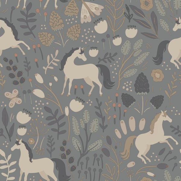 ESTAhome Tapete Einhörner Graublau - 50 x 900 cm - 139874