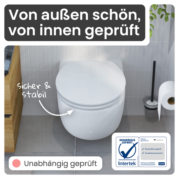 Wand-WC im Badezimmer mit dem Intertek Siegel für geprüfte Konstruktion und Verarbeitung