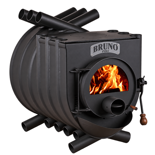 Bruno Pyro Warmluftofen mit brennendem Feuer im Ofen und Herstellerlogo
