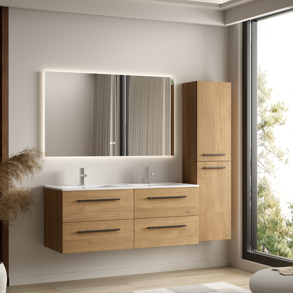 Modernes Badezimmermöbel Set mit Doppelwaschtisch, Holzoptik Unterschrank, LED Spiegel und Hochschrank in einem hellen, naturnahen Raumdesign.
