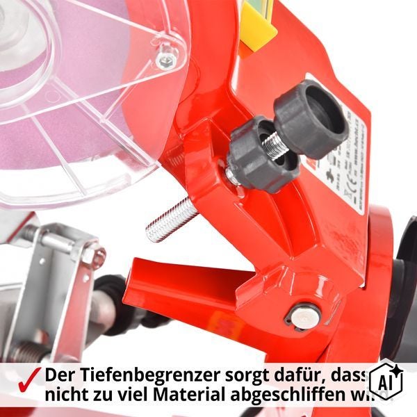 Detailansicht des Tiefenbegrenzers an einem Kettenschärfgerät zum präzisen Einstellen der Schleiftiefe