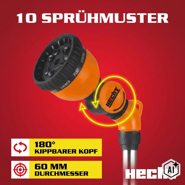Gießstab-Sprühkopf von Hecht mit 10 Sprühmustern, 180 Grad kippbarem Kopf und 60 Millimeter Durchmesser, Hecht Logo