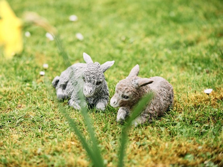 Zwei liegende Esel Gartenfiguren aus Steinguss für die Gartendekoration im Gras.