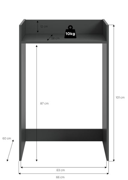 Technische Zeichnung eines Waschmaschinenunterbaus oder Regals mit Bemaßung und einer maximalen Belastbarkeit von 10 Kilogramm.