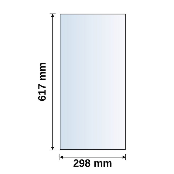 Maßskizze einer rechteckigen Platte mit einer Höhe von 617 Millimeter und einer Breite von 298 Millimeter.