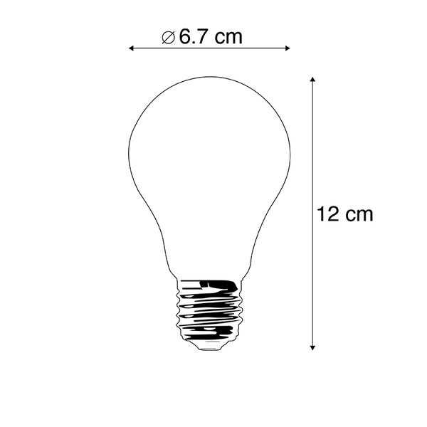 Abbildung einer Glühbirne mit den Maßen 6,7 cm Durchmesser und 12 cm Länge.