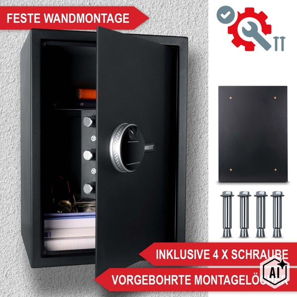 Wandtresor zur festen Wandmontage mit Zahlenschloss, inklusive vier Befestigungsschrauben und vorgebohrten Montagelöchern für eine sichere Montage.