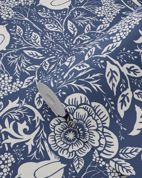 ESTAhome Tapete Blumen und Vögel im Jugendstil Dunkelblau - 50 x 900 cm - 139435