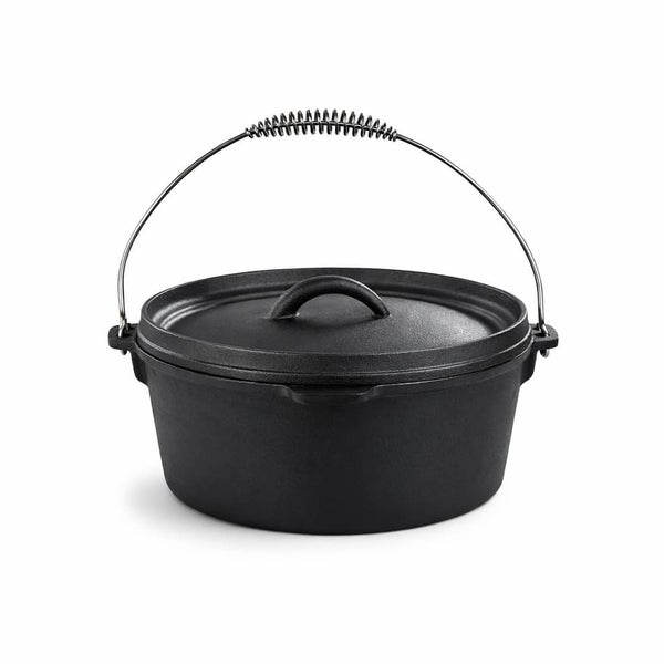 Runder Dutch Oven aus Gusseisen mit Deckel und Henkel mit Spiralfedergriff für offenes Feuer oder Grill