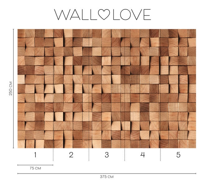 Fototapete mit Holzblöcken und Größenangaben